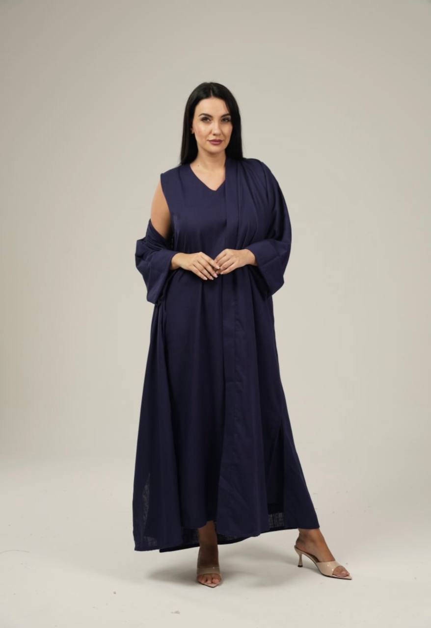 طقم عباية لينن باللون النيلي مع فستان داخلي بدون أكمام Navy Linen Abaya Set