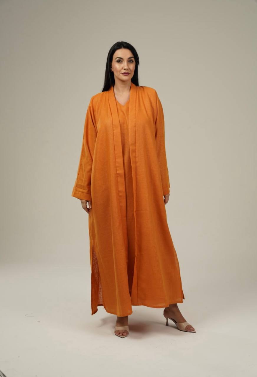 طقم عباية لينن باللون البرتقالي مع فستان داخلي بدون أكمام Orange Linen Abaya Set