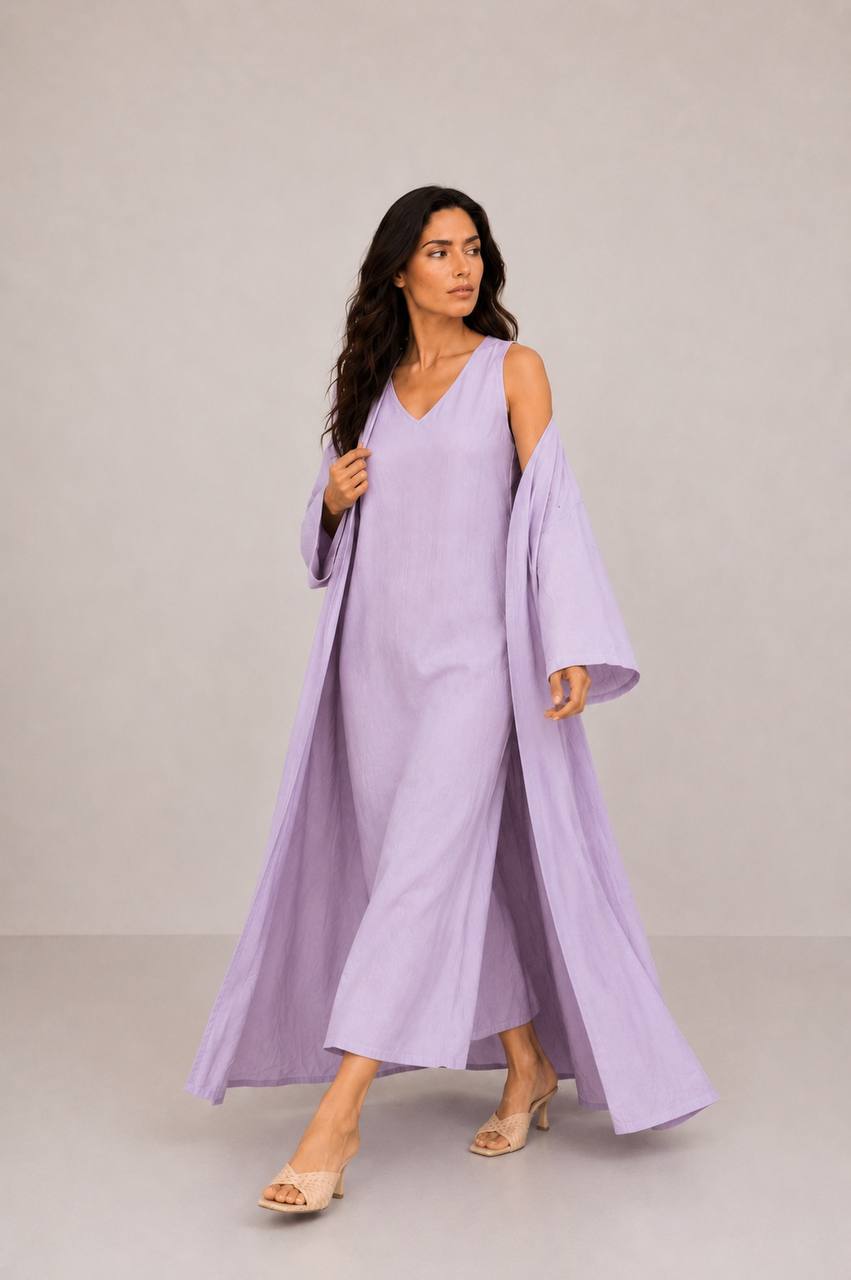 طقم عباية لينن باللون البنفسجي مع فستان داخلي بدون أكمام Purple Linen Abaya Set