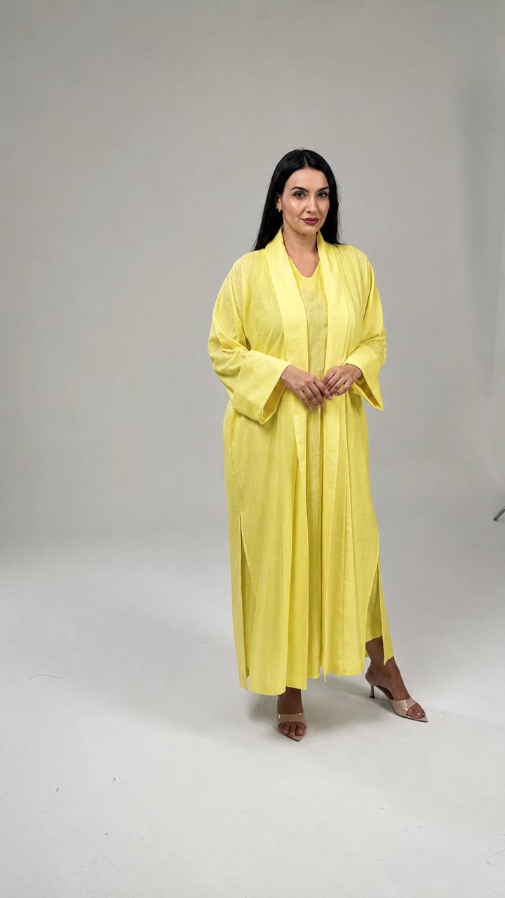 طقم عباية لينن راقي مع فستان داخلي بدون أكمام Yellow Linen Abaya Set