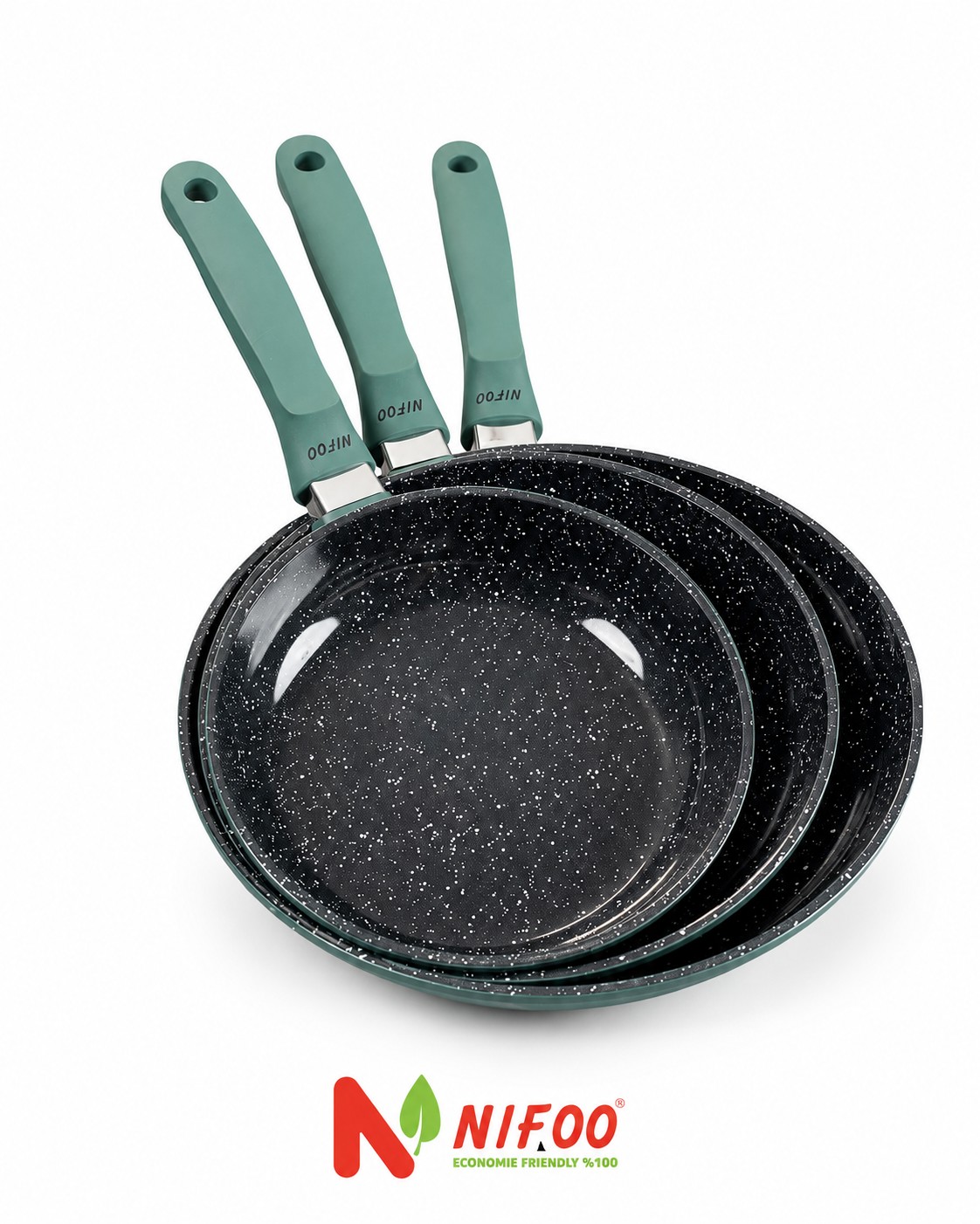 طقم مقالي نايفو كرانيت أخضر 3 قطع NIFOO Granite Fry Pan Set Green 3 Pieces NIFOO Green Granite Fry Pan Set 3 Pieces