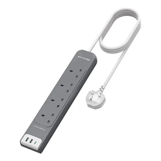 شريط كهرباء من راف باور PC1039 مع شحن PD بقدرة 30 واط، 4 منافذ تيار متردد (AC)، 2 منافذ USB-A، منفذ USB-C واحد، طول 3 أمتار RAVpower PC1039 PD30W 4 AC 2A 1C Ports Power Strip 3m