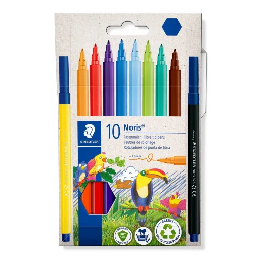 ستيدتلر (Noris 326) أقلام تلوين برأس ليفي، 10 ألوان متنوعة - 326 C10 STAEDTLER Noris 326 Fibre-Tip Pens, 10 Assorted Colors - 326 C10