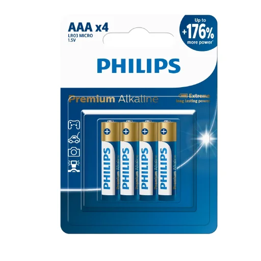 فيليبس بطاريات ألكمالين بريميوم AAA موديل LR03M4B/40 - عبوة من 4 قطع Philips Premium Alkaline AAA / LR03 Batteries LR03M4B/40 - 4-Pack
