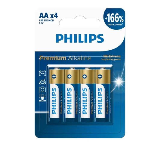 فيليبس بطاريات ألكالاين بريميوم AA موديل LR6M4B/40 - عبوة من 4 قطع Philips Premium Alkaline AA / LR6 Batteries LR6M4B/40 - 4-Pack