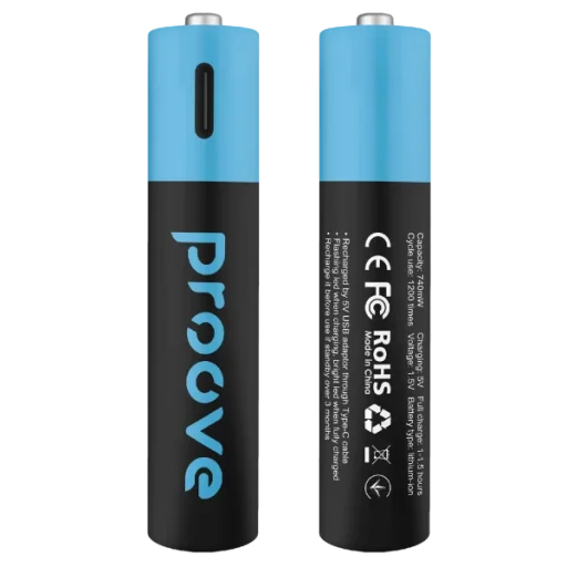بروفي كومباكت إنيرجي بطاريات AAA قابلة لإعادة الشحن 740mWh عبوة من قطعتين - أسود Proove Compact Energy AAA 740mWh Li-ion USB-C Rechargeable Batteries - 2-Pack - Black