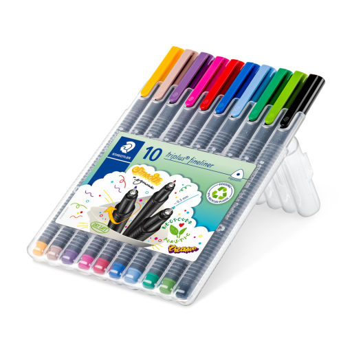 ستدلر Triplus Fineliner 334 SB10 علبة قائمة - 10 ألوان STAEDTLER Triplus Fineliner 334 SB10 Stand-up Sase - 10 colors