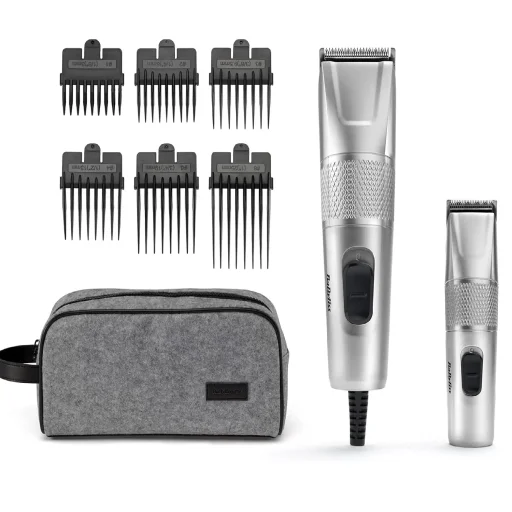 ماكينة حلاقة من بابيليس + مقص صغير مع درجات (1، 2، 3، 6، 8) سلكية BABYLISS CLIPPER  + MINI TRIMMERGRADES (1.2.3.6 &8) CORDED