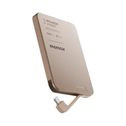 باور بانك ميني موماكس 1-Power بسعة 5,000 مللي أمبير مع كابل USB-C مدمج وقابل للطي – ذهبي Momax 1-Power Mini 5000mAh Built-in Foldable USB-C Battery Pack - Gold