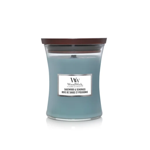 شمعة "وود ويك" (WoodWick) متوسطة بتصميم الساعة الرملية - خشب الميرمية وعشب البحر WoodWick Hourglass Medium Candle - Sagewood & Seagrass