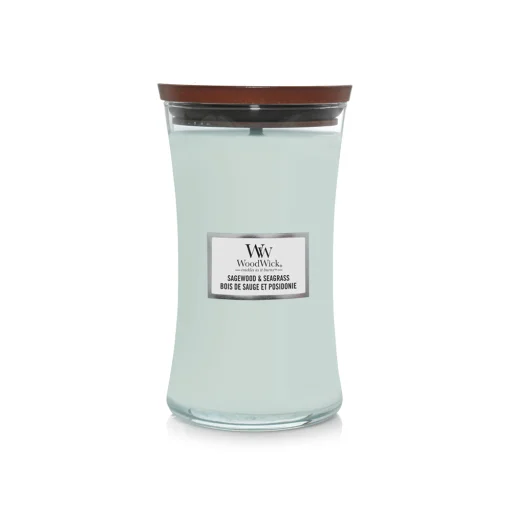 شمعة "وود ويك" (WoodWick) كبيرة بتصميم الساعة الرملية - خشب الميرمية وعشب البحر WoodWick Hourglass Large Candle - Sagewood & Seagrass