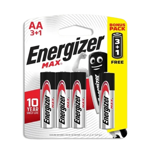 إنرجايزر (Max) بطاريات قلوية AA، 4 حبات (3+1) - BP4 Energizer MAX AA Alkaline Batteries E91 BP4 (3+1) - 4-Pack
