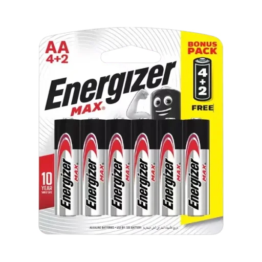 إنرجايزر (Max) بطاريات قلوية AA، 6 حبات (4+2) - BP6 Energizer MAX AA Alkaline Batteries E91 BP6 (4+2) - 6-Pack