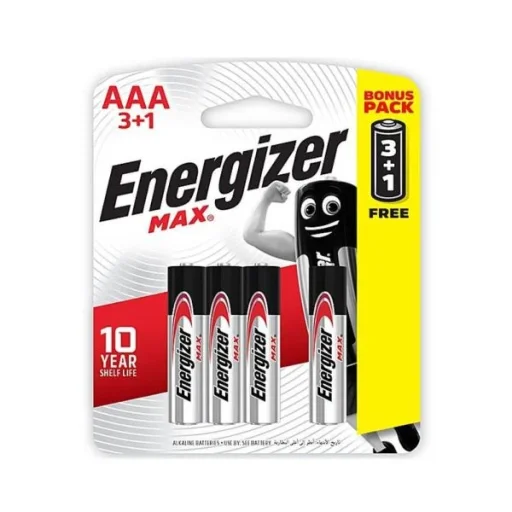 إنرجايزر (Max) بطاريات قلوية AAA، 4 حبات (3+1) - BP4 Energizer MAX AAA Alkaline Batteries E92 BP4 (3+1) - 4-Pack