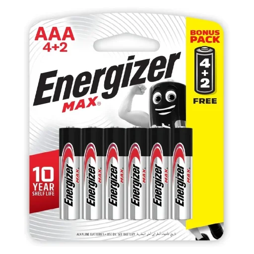 إنرجايزر (Max) بطاريات قلوية AAA، 6 حبات (4+2) - BP6 Energizer MAX AAA Alkaline Batteries E92 BP6 (4+2) - 6-Pack