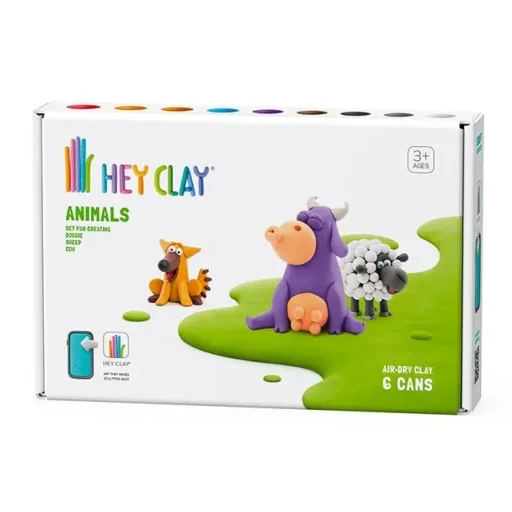 هي كلاي - حيوانات: بقرة، دوجي (كلب)، خروف، 6 علب HEY CLAY - Animals: Cow, Doggie, Sheep 6 Cans