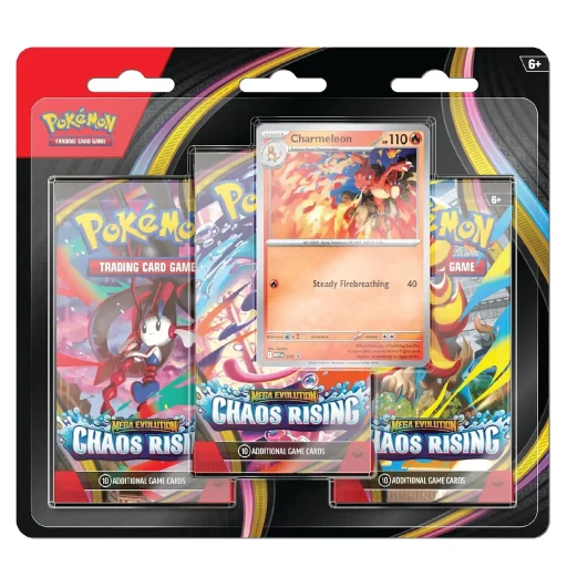 بوكيمون TCG: عبوة بليستر 3 حزم ميجا إيفوليوشن—كاوس رايزينج Pokémon TCG: Mega Evolution—Chaos Rising 3-Pack Blister