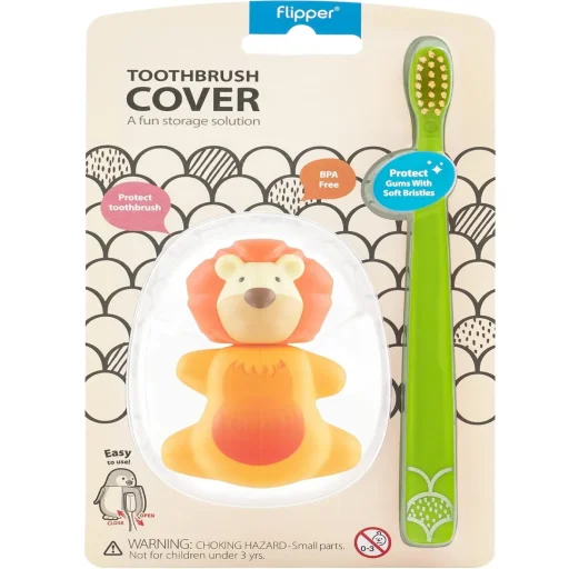فليبر عبوة كومبو غطاء فرشاة أسنان وفرشاة أسنان حيوان مرح - أسد Flipper Fun Animal Toothbrush Cover & Toothbrush Combo Pack - Lion