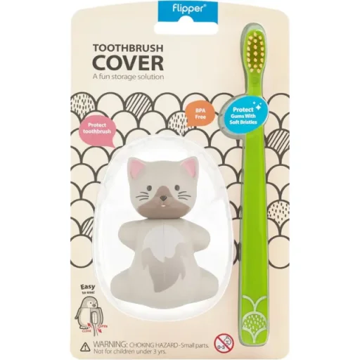 فليبر عبوة كومبو غطاء فرشاة أسنان وفرشاة أسنان حيوان مرح - قطة Flipper Fun Animal Toothbrush Cover & Toothbrush Combo Pack - Cat