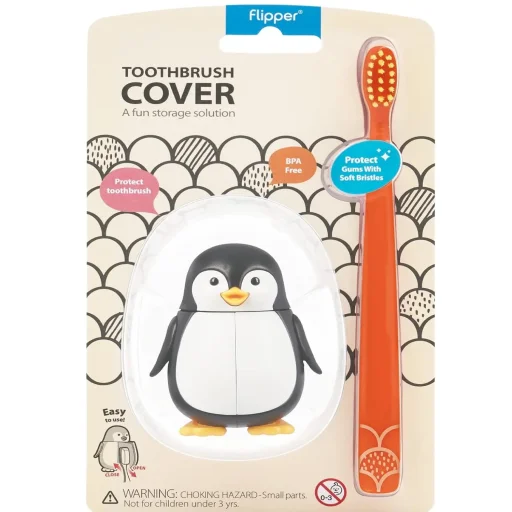 فليبر عبوة كومبو غطاء فرشاة أسنان وفرشاة أسنان حيوان مرح - بطريق Flipper Fun Animal Toothbrush Cover & Toothbrush Combo Pack - Penguin