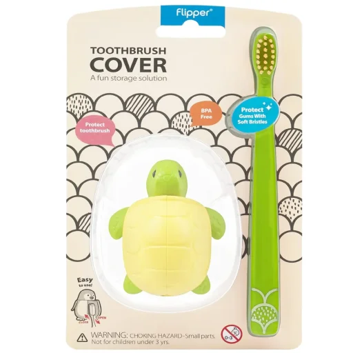 فليبر عبوة كومبو غطاء فرشاة أسنان وفرشاة أسنان حيوان مرح - سلحفاة Flipper Fun Animal Toothbrush Cover & Toothbrush Combo Pack - Turtle