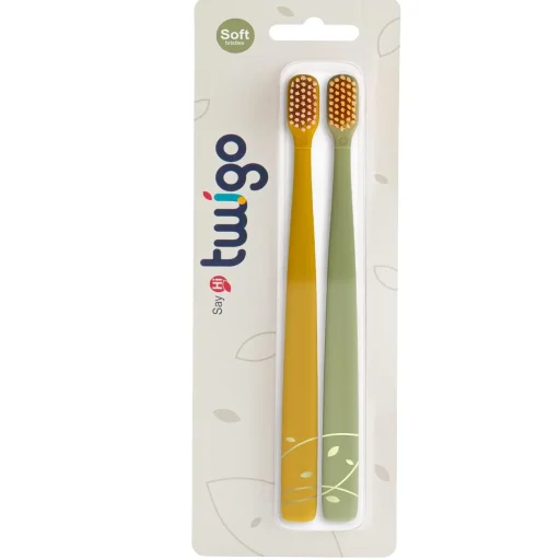فليبر فرش أسنان تويجو للبالغين ناعمة الشعيرات - أصفر خردلي وأخضر زيتوني Flipper Twigo Adult Soft-Bristle Toothbrushes - Mustard Yellow & Olive Green