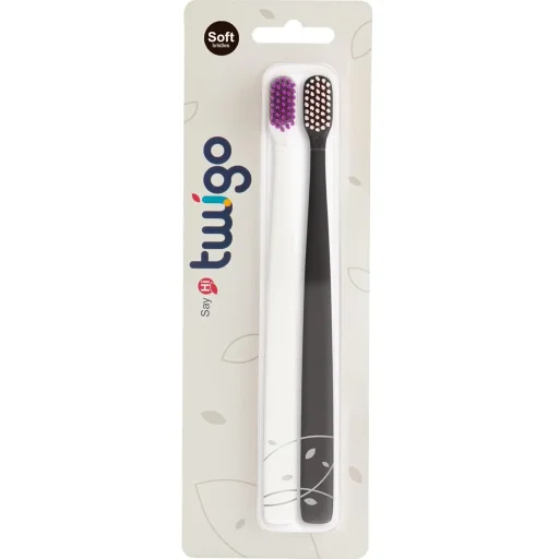 فليبر فرش أسنان تويجو للبالغين ناعمة الشعيرات - بني فحمي وأبيض فلفلي Flipper Twigo Adult Soft-Bristle Toothbrushes - Charcoal Brown & Pepper White