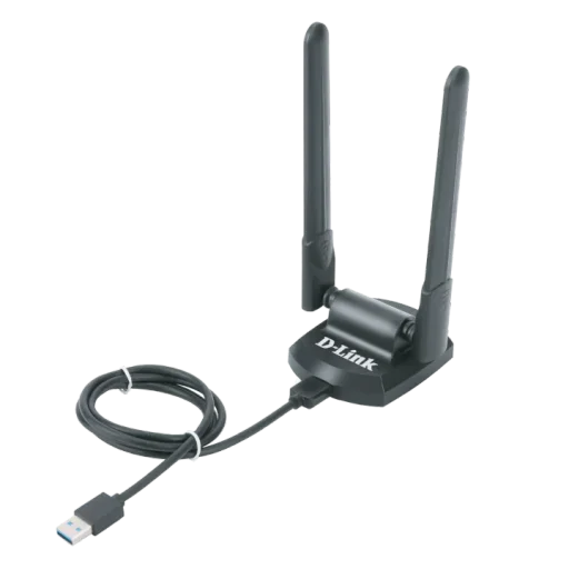 دي-لينك (DWA-X1852) محول (USB) لاسلكي عالي الكسب (High Gain) بتقنية (Wi-Fi 6) وبسرعة (AX1800)، مع كابل تمديد (USB) وهوانيين (2 Antennas) D-Link DWA-X1852 AX1800 High Gain Wi-Fi 6 USB Adapter with USB Extension Cable and 2 Antennas