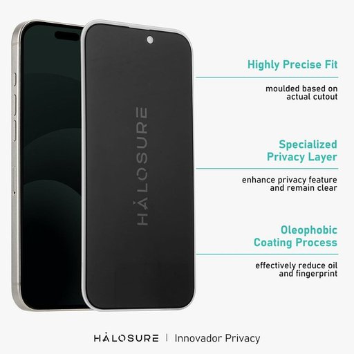 لاصق اصلي مظلل من هلوشور 2.5D لجهاز ايفون 15 برو ماكس حماية كاملة مقاوم للكسر HaloSure Privacy Screen Protector iPhone 15 Pro Max