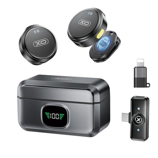 مايكروفون لاسلكي XO MC12 مع عزل الضوضاء وعلبة شحن ذكية Type-C ومحول Lightning XO MC12 Wireless Microphone