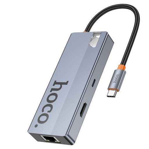 محول hoco HB51 Wow نوع Type-C هب 6 في 1 - نقل 5Gbps وفيديو 4K وشحن PD100W ومنفذ RJ45 hoco HB51 Type-C Hub 6 In 1