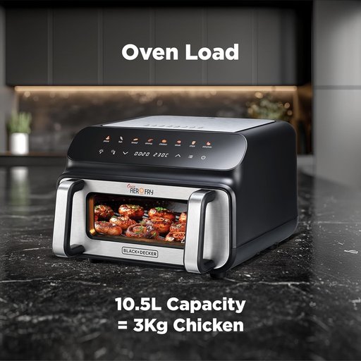 وقلاية هوائية وشواية بيتزا رقمية 5 في 1 من إنتاج شركة بلاك أند ديكر (Black & Decker). A 5-in-1 digital air fryer and pizza oven from Black & Decker.