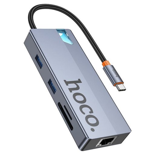 محول hoco HB52 Wow نوع Type-C هب 8 في 1 - نقل 5Gbps وفيديو 4K وشحن PD100W ومنفذ RJ45 وقارئ SD/TF hoco HB52 Wow Type-C Hub 8 In 1
