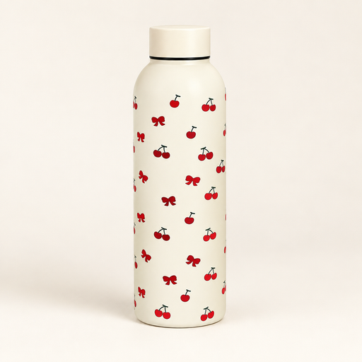 مطارة ماء بنقشة الكرز – لون كريمي Cherry Pattern Water Bottle – Cream