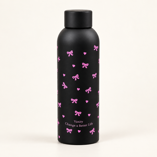 مطارة ماء سوداء بنقشة فيونكات وردية Black Water Bottle with Pink Bows