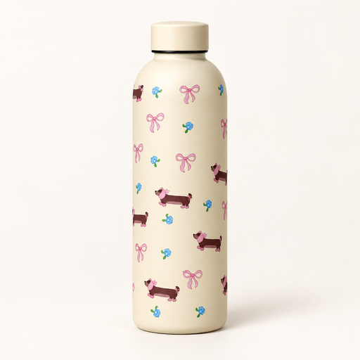 مطارة كريمية بنقشة كلاب وفيونكات Cream Water Bottle with Puppies and Bows
