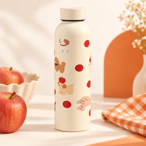 مطارة ماء كريمية بنقشة الجراء والتفاح Cream Water Bottle with Puppies and Apples
