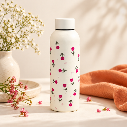 مطارة ماء كريمية بنقشة زهور وردية صغيرة Cream Water Bottle with Tiny Pink Flowers