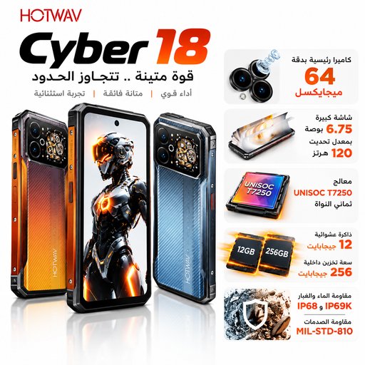 هوت ويف سايبر Hotwav cyber 18 ضد الماء والغبار والصدمات 256/(12+8) Hotwave Cyber ​​18 – Water, dust, and shock-resistant; 256GB storage / (12+8)GB RAM.