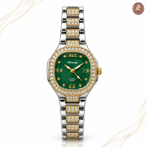 ساعة نسائية فخمة من رينادي (Rinnady) بلونين فضي وذهبي مرصعة بالكريستال مع ميناء أخضر Luxury Two-Tone Rinnady Women's Watch with Crystal Accents & Green Dial