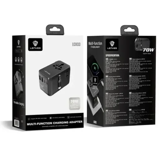 لينيس LCH33 شاحن سفر عالمي بتقنية GaN وقدرة 70 واط - أسود Lenyes LCH33 70W GaN Universal Travel Charger - Black