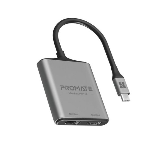 محول بروميت MediaLink-H2 من USB-C إلى منفذي HDMI بدقة 4K - رمادي Promate MediaLink-H2 4K USB-C to Dual HDMI Adapter - Grey