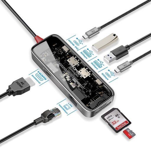 موزع USB-C بروميت TransHub-mini ثمانية في واحد بتصميم شفاف ودعم PD بقدرة 100 واط Promate TransHub-mini 8-in-1 Transparent USB-C Hub with 100W Power Delivery