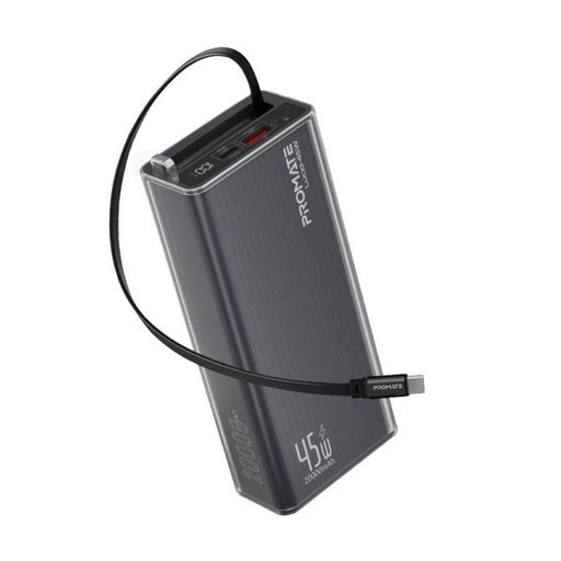 بروميت Lucid-45W باور بانك 20000 مللي أمبير 45 واط مع كابل USB-C مدمج قابل للسحب - أسود Promate Lucid-45W 20000mAh 45W Power Bank with Built-In Retractable USB-C Cable - Black
