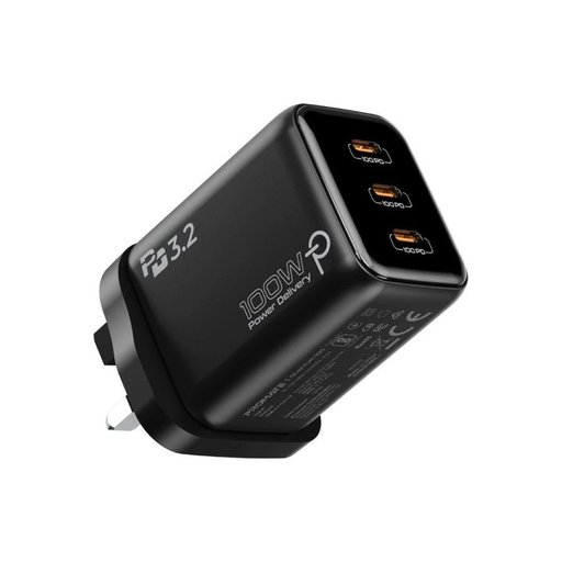 بروميت Quantum-100 شاحن GaN USB-C بقوة 100 واط مع 3 منافذ USB-C - أسود قابس بريطاني Promate Quantum-100 100W GaN USB-C Charger with 3 USB-C Ports - Black UK Plug