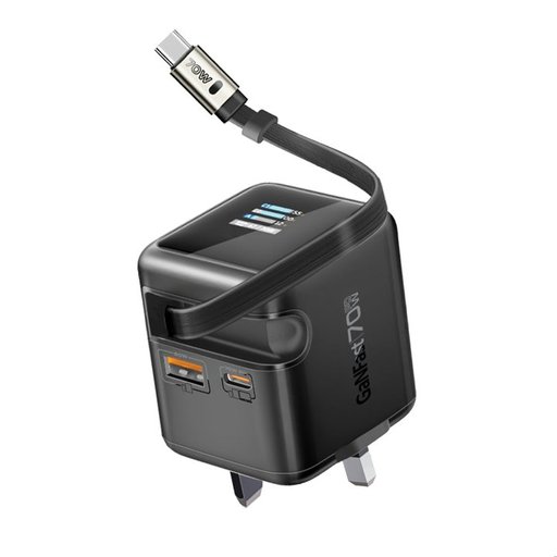 بروميت Cubix-R70 شاحن جداري GaNFast بقدرة 70W مع كيبل USB-C قابل للسحب - أسود UK Promate Cubix-R70 70W GaNFast Wall Charger with Retractable USB-C Cable - Black UK Plug
