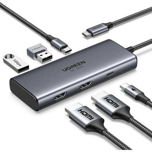 موزع UGREEN بمنفذ Type-C و6 منافذ (بما في ذلك منفذي USB 3.0) - دقة 8K بتردد 30 هرتز UGREEN 6 – in – 1 Type-C to 2 USB 3.0 Hub - 8K/30HZ