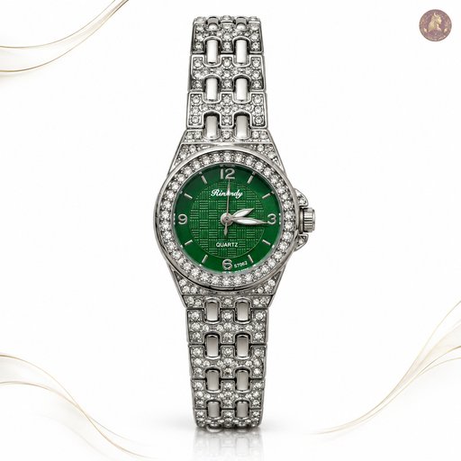 ساعة نسائية فضية فاخرة من ماركة Rinnady Elegant Silver Crystal-Studded Women's Watch
