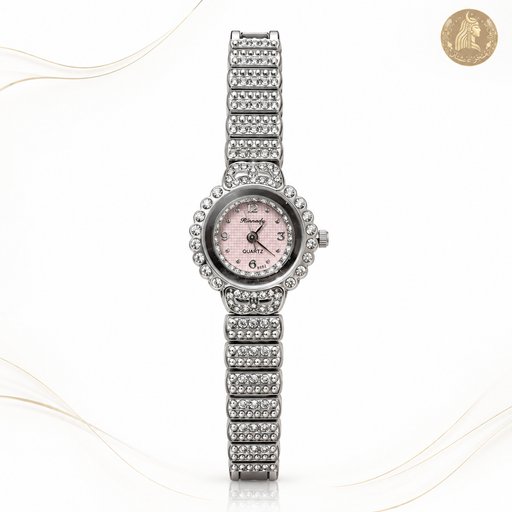 ساعة نسائية فضية مرصعة بميناء وردي من Rinnady Rinnady Women's Silver Crystal Pink Dial Watch
