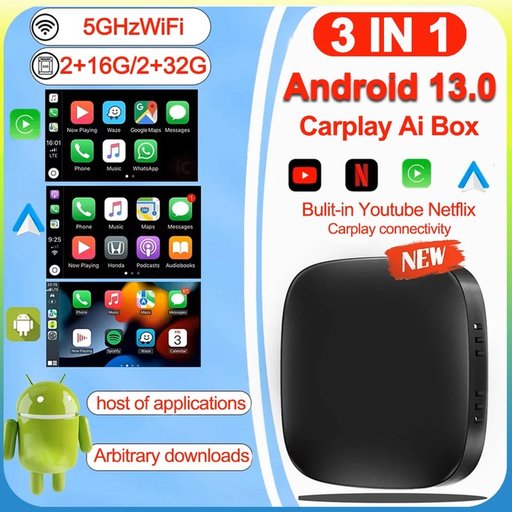 صندوق CarPlay AI Box (يعمل بنظام Android 13) - يدعم Netflix وYouTube وCarPlay وAndroid Auto لاسلكياً - ذاكرة 2/16 جيجابايت. CarPlay Ai Box Android13 Tv Box Support Netflix YouTube Wireless Carplay Android Auto Car ram 2/16GB
